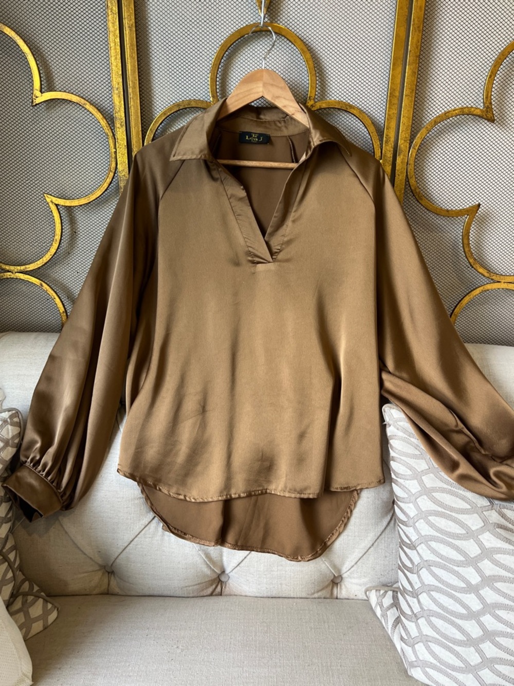 Relaxed Satin Brown Split-Neck Blouse - Women Tops